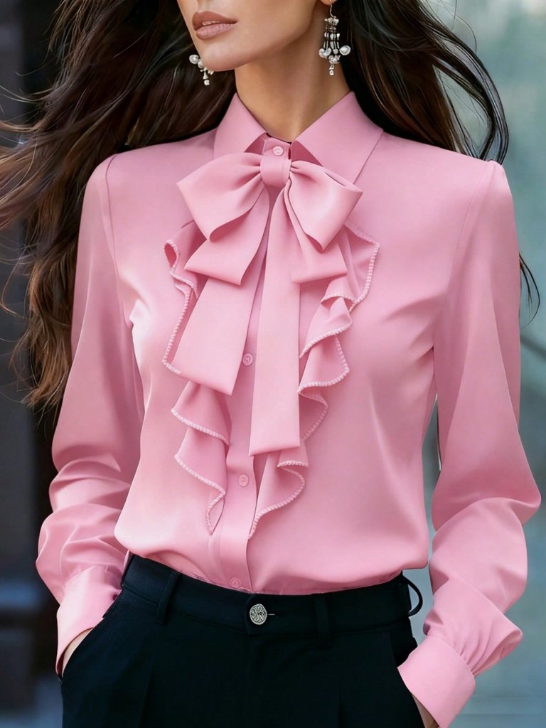 Baby Pink Women's Elegant Long Sleeve Bow And Ruffle Front Detail Blouse